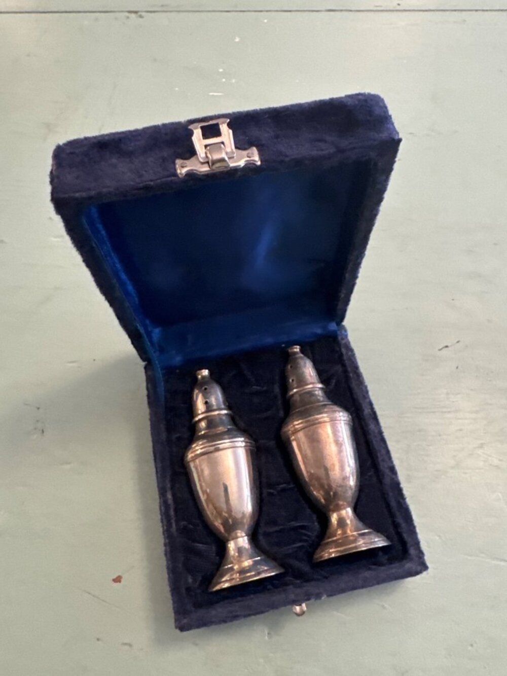Vintage Silver Plated Salt and Pepper Shakers with Velvet Storage Box